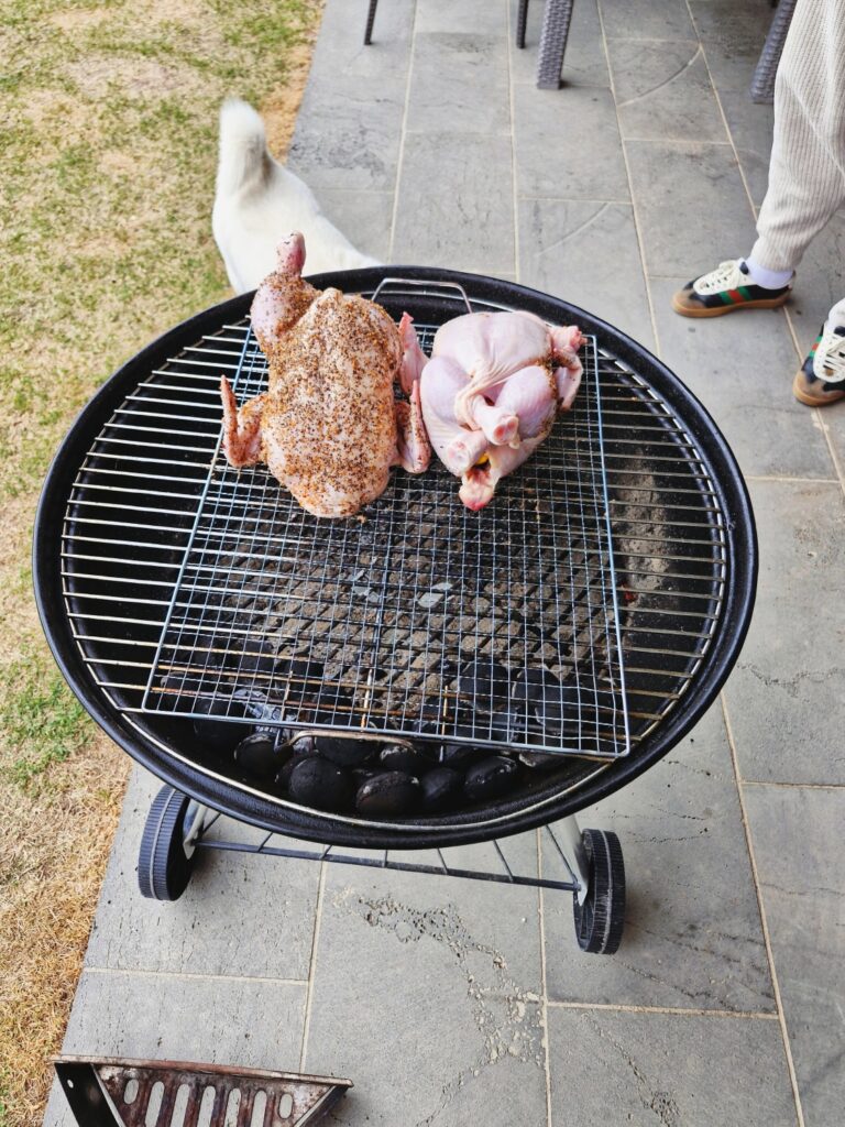 Weber kettle grill setup for whole chicken BBQ in Paju