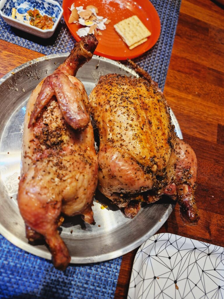 Finished BBQ chicken with a beautiful Paju sunset background